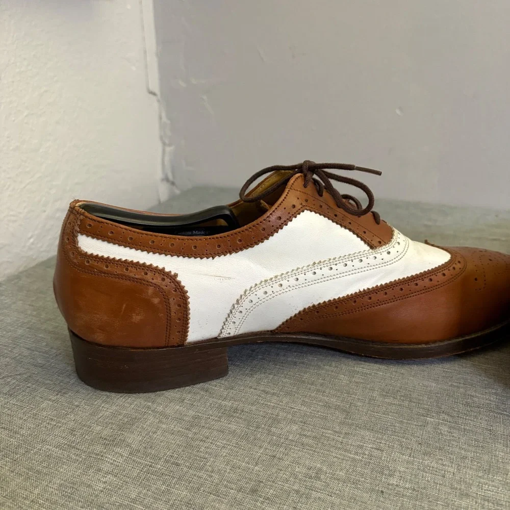 T.O. Dey Wingtip Oxfords Mens 10 Brown White Custom Made Spectator Vintage Shoes